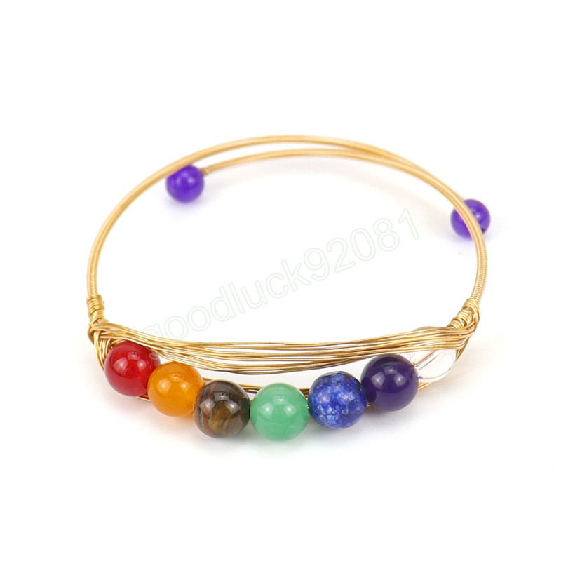 Cor dourada artesanal frisado fio envolto metal abertura pulseira para mulheres meninas colorido cristal grânulo ajustável pulseira presentes