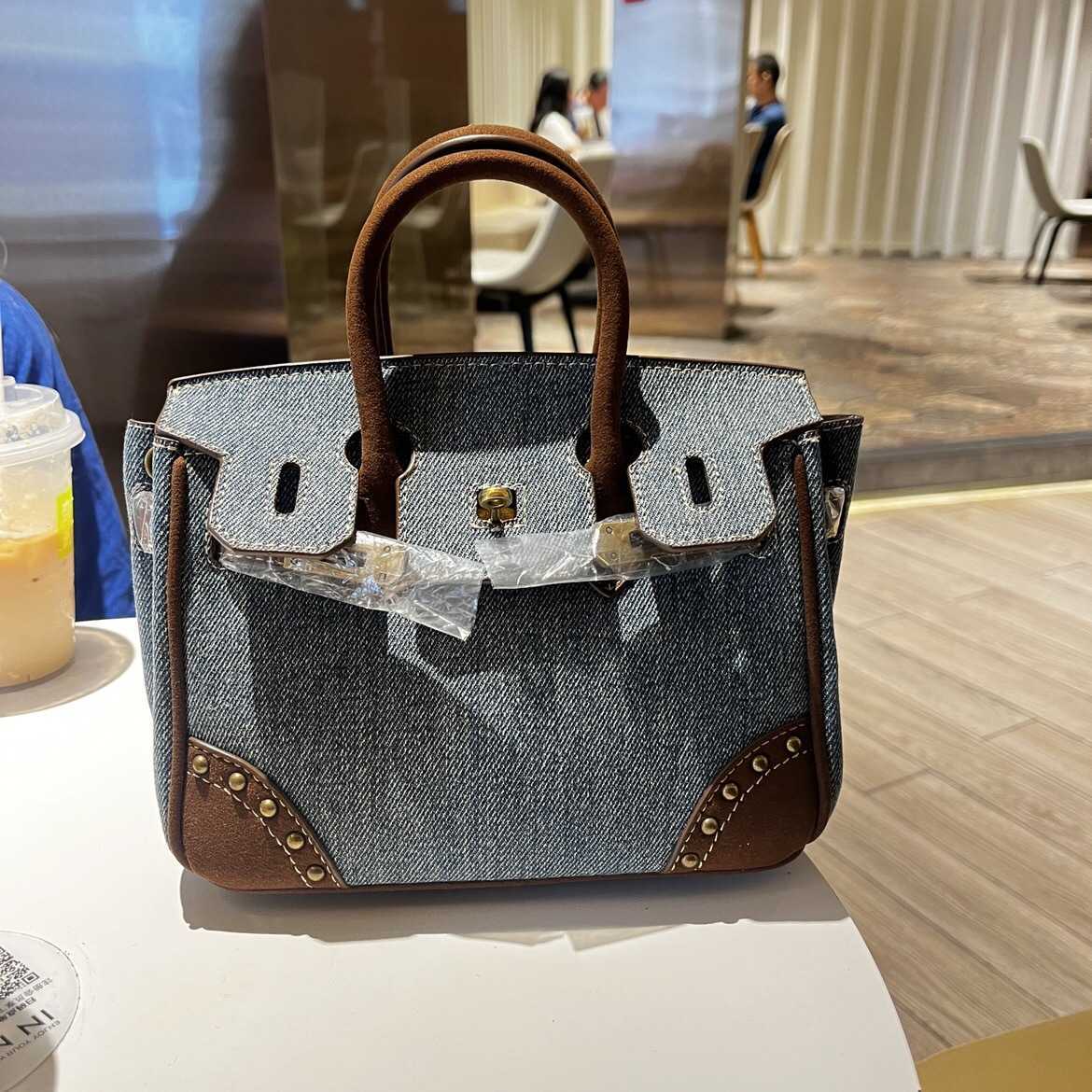 Luxury A Birkns High quality leather patchwork denim bag for women's autumn and winter 2024 new thousand bird check single shoulder crossbody bag UM3U