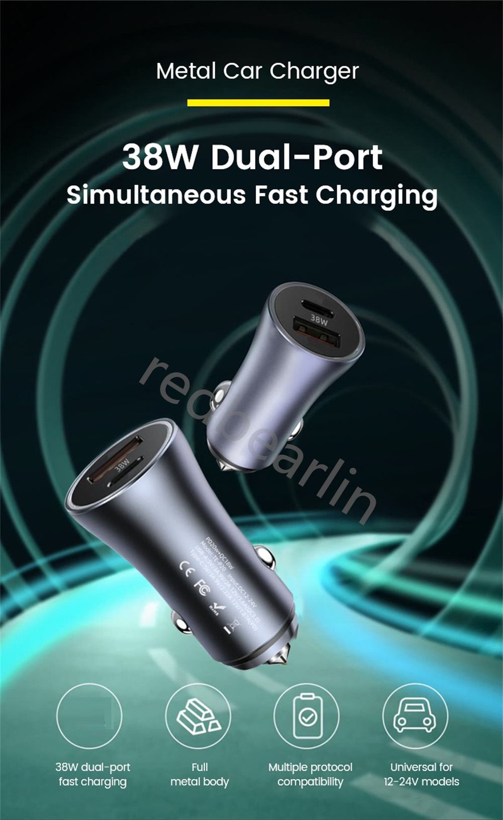 Aluminiumlegering 38W PD20W USB C PD -billaddare Snabb laddning Kraftadapter för iPhone 11 12 13 14 15 Pro Samsung Xiaomi Huawei Android Phone GPS PC