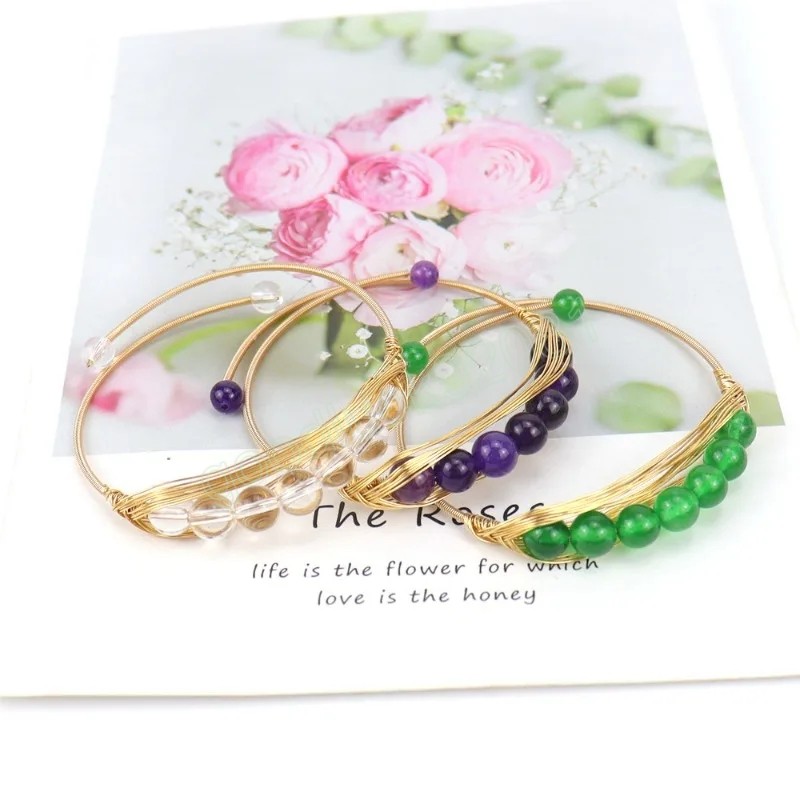 Cor dourada artesanal frisado fio envolto metal abertura pulseira para mulheres meninas colorido cristal grânulo ajustável pulseira presentes