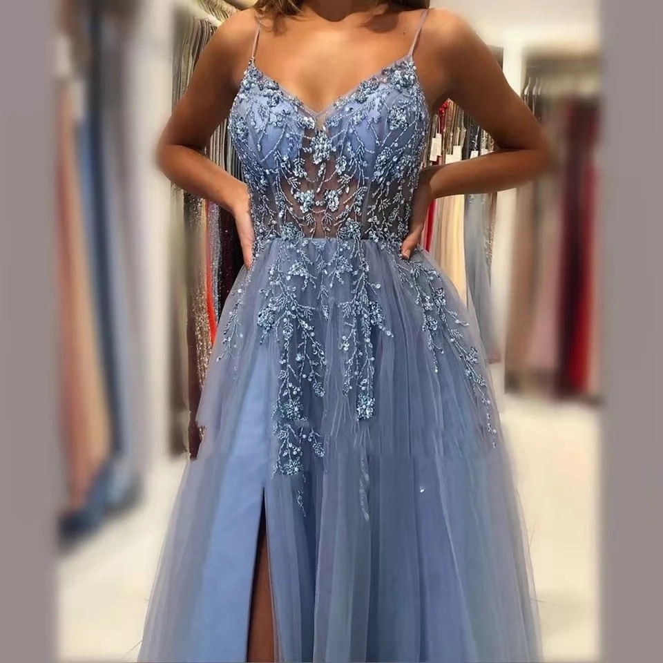 Elegant Blue Evening Dresses A Line Tulle Sequins Beaded Lace Formal Party Gowns For Women Sexy High Split Spaghetti Straps Backless Women Long Prom Dress CL1848