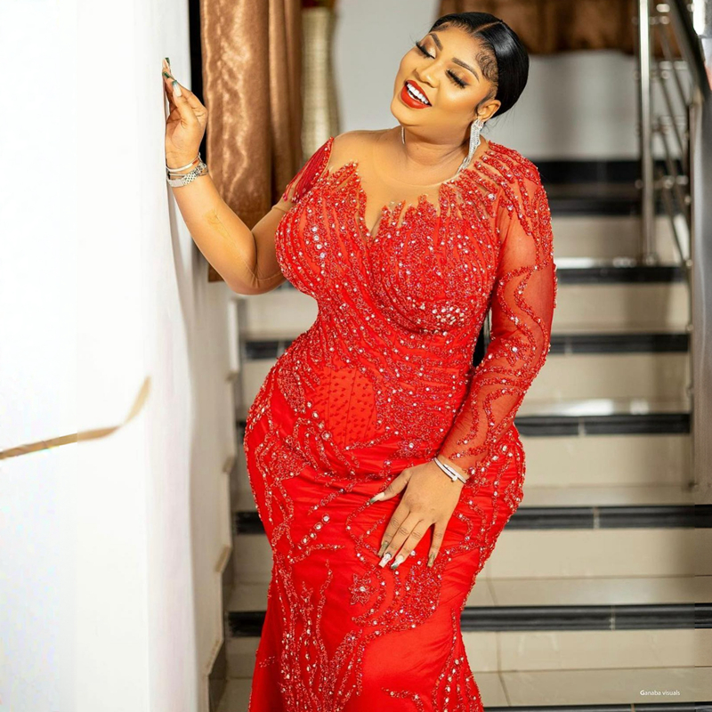 2023 Plus Size Aso Ebi Prom klänningar sjöjungfru Långärmar Jeewel Tulle Birthday Party Dress for Black Girls Second Reception Gala mousserande kvällsklänningar ST565