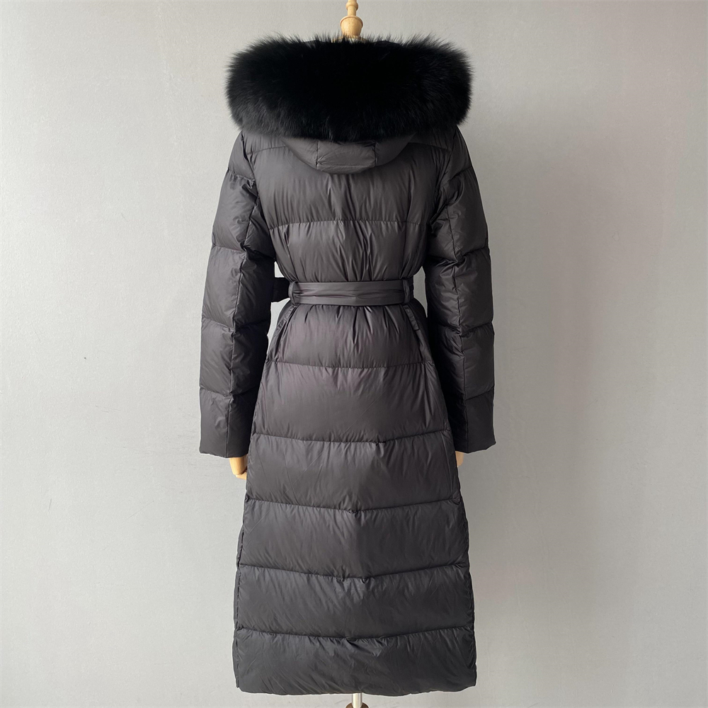 White Duck Feather Down Parka Coat with Belt Fluffy Real Fur Collar Casual Custom Winter Women's Down Coat Long