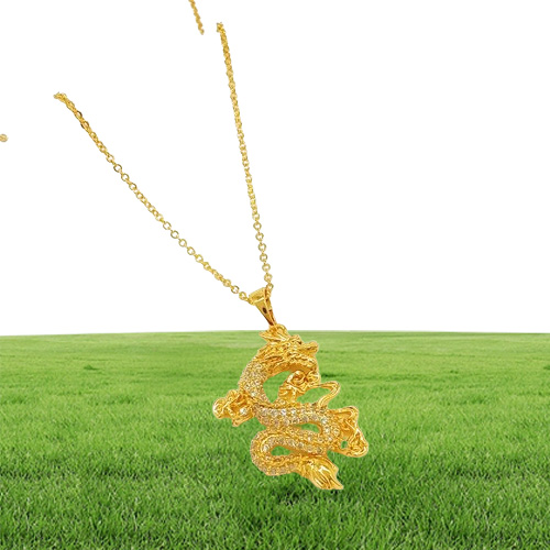 Micro Inlaid Zircon Dragon Pendant Chain 18k Yellow Gold Filled Fashion Womens Mens Pendant Necklace 2763388