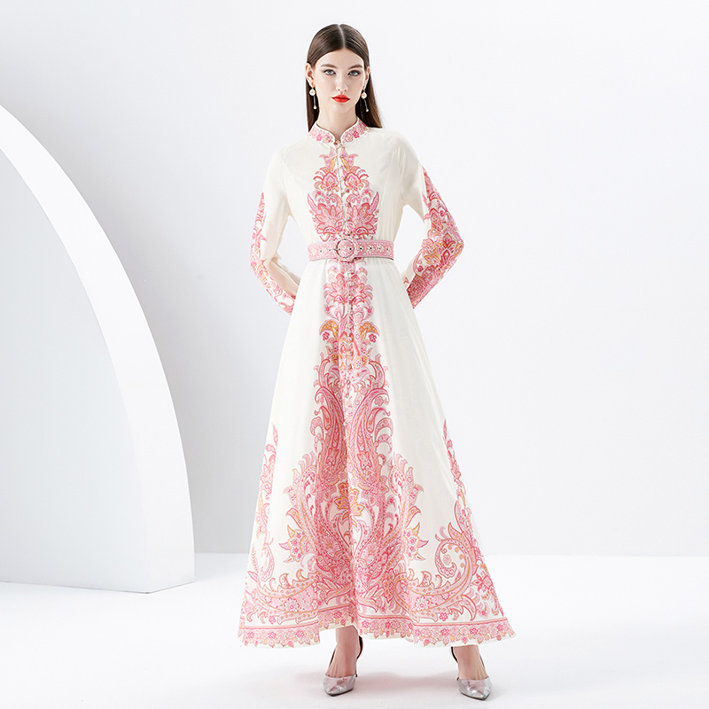 Vacances Col Montant Femme Maxi Robe Robe Manches Bouffantes Doux Mince Vintage Paisley Floral Fête Boho Robes 2023 Printemps Automne Élégant Ajusté Piste Designer Robes