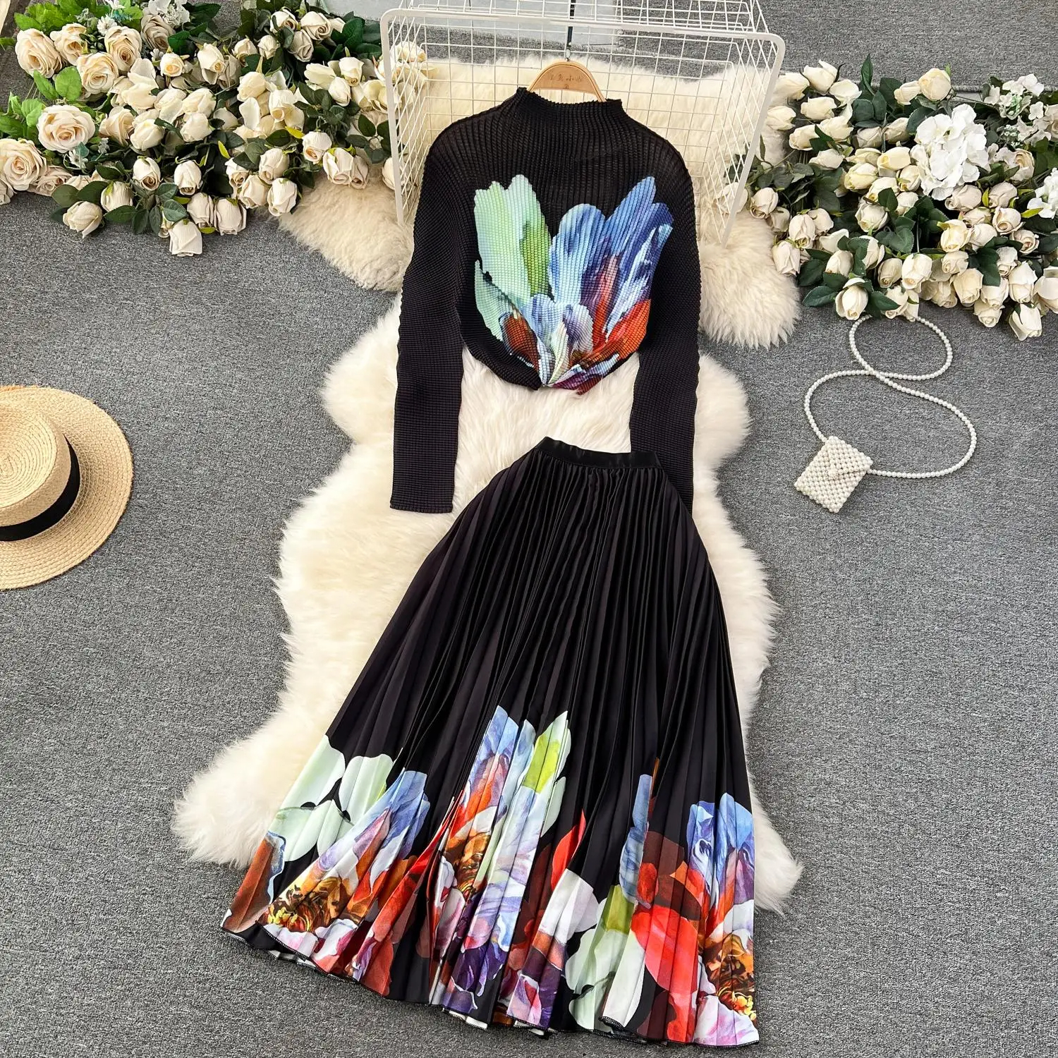 Two Piece Dress New Spring Runway Flower Skirt Suit Women Miyake Stretch Pleated Tops High Waist Floral Printed Skirt Holiday Two Piece Set 2024