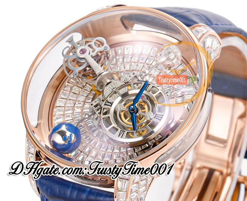 RMF AT800.40 Astronomia Tourbillon Relógio Mecânico Masculino Caixa em Ouro Rosa Pavimentada Baguette Diamantes Mostrador Esqueleto Pulseira de Couro Super Edição trustytime001Relógios