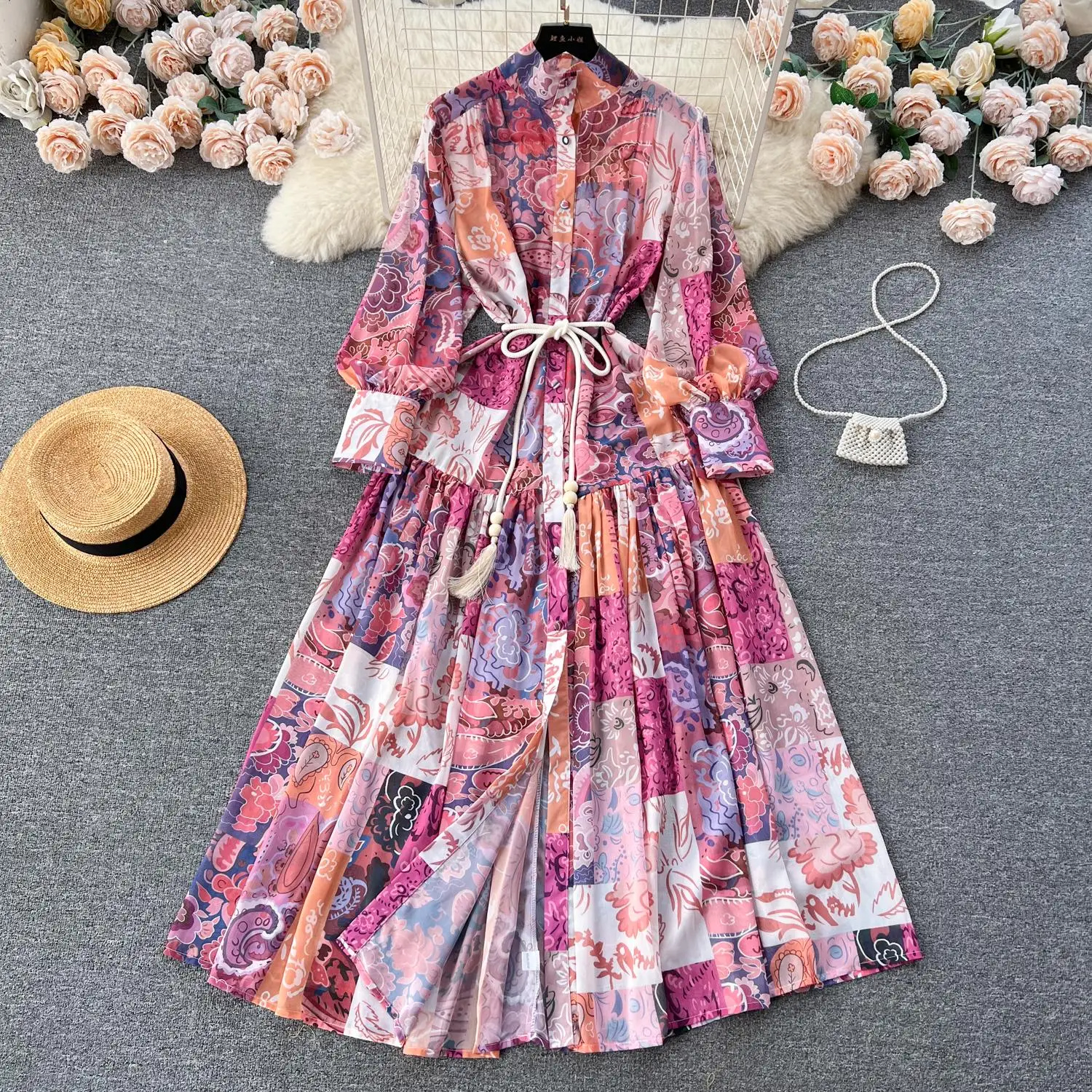 Casual Dresses 2024 Spring Holiday Flower Loose Dress Women's Stand Long Sleeve Single Breasted Lace Up Floral Print Chiffon Robe Vestidos