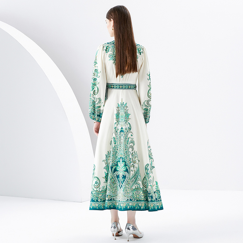 Robe de soirée à manches lanternes Boho Maxi Robe Paisley Floral Femme Designer Col en V Vintage Side Lace Up Bow Vacances Robes portefeuille vertes 2023 Printemps Automne Slim Runway Frocks