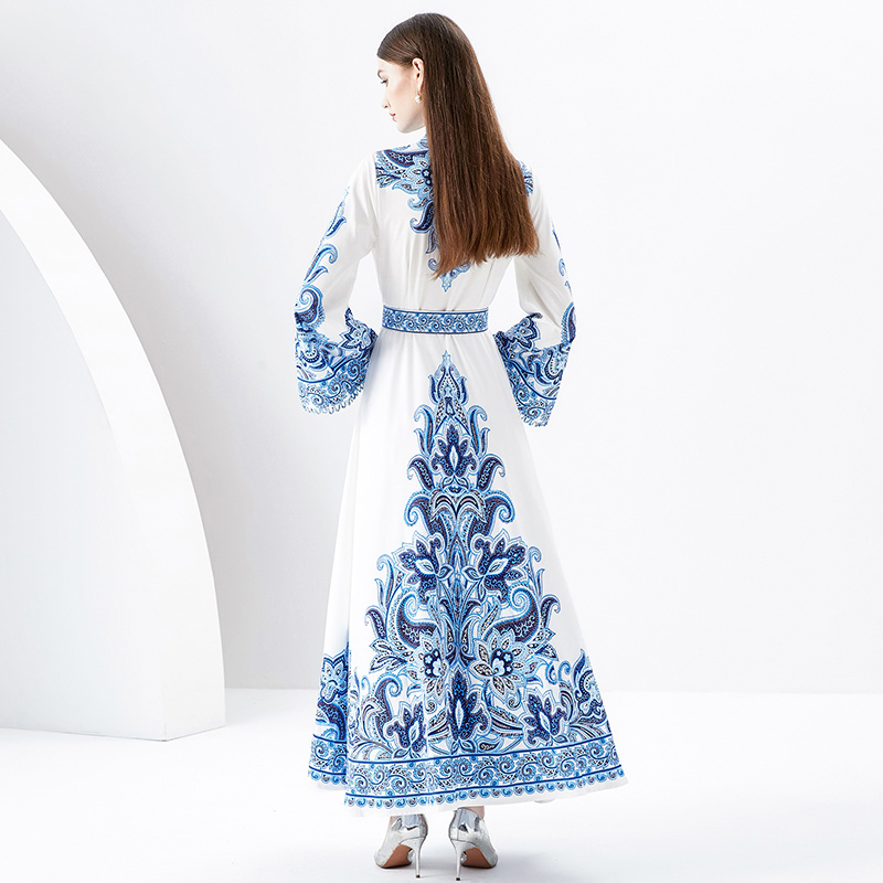 Woman Floral Party Blue Boho Maxi Dress Robe Flare Sleeve Mock Neck Slim High Waist Vintage Elegant Vacation Dresses 2023 Spring Fall Runway Designer Fashion Frocks