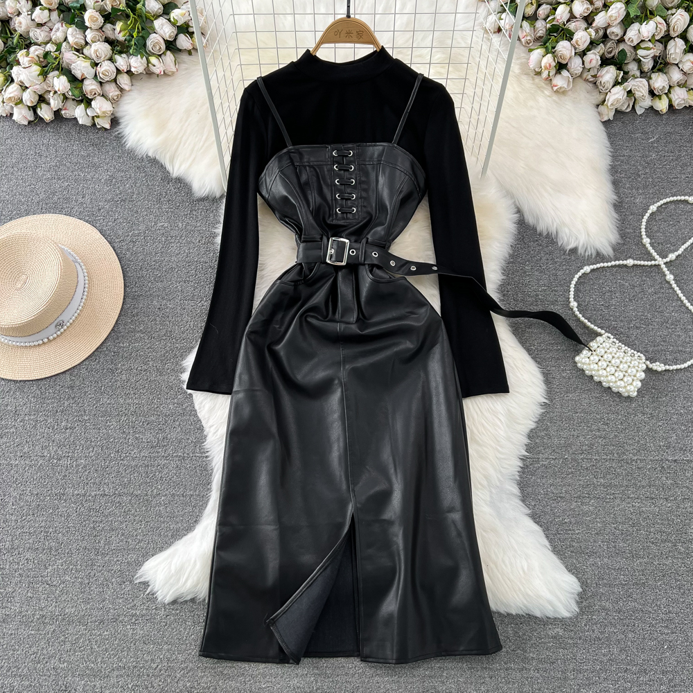 Two Piece Dress Korean Fashion Casual Two Piece Set for Women Vintage Lace-up Strapless PU Leather Dress Sets High Street Suits Female 2024