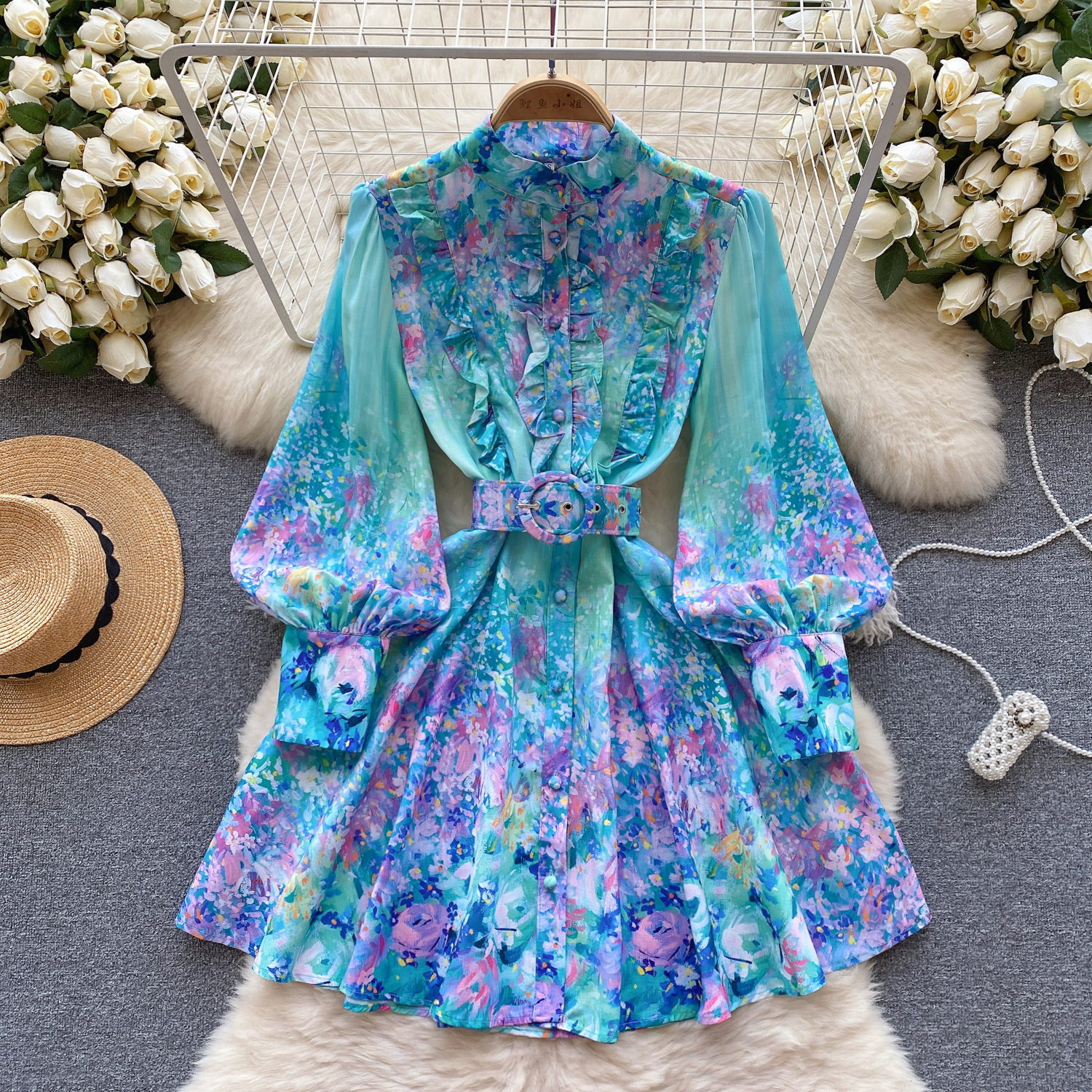 Una línea Vestidos casuales Ropa New Runway Holiday Flower Mini vestido Nuevo Cuello alto para mujer Manga larga Linterna Cinturón con estampado floral Vestidos dulces 2024