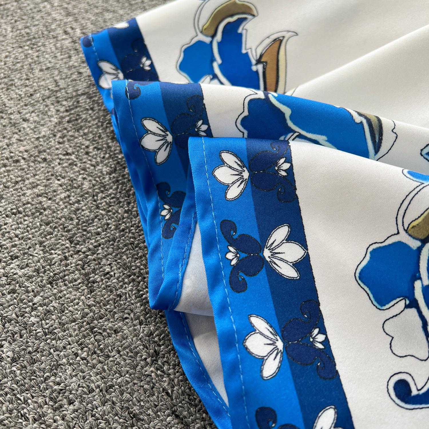 Robes décontractées Automne Piste Bleu Fleur Robe Femme Stand À Manches Longues Simple Boutonnage Floral Ceinture Vacances Boho Maxi Robes 2024