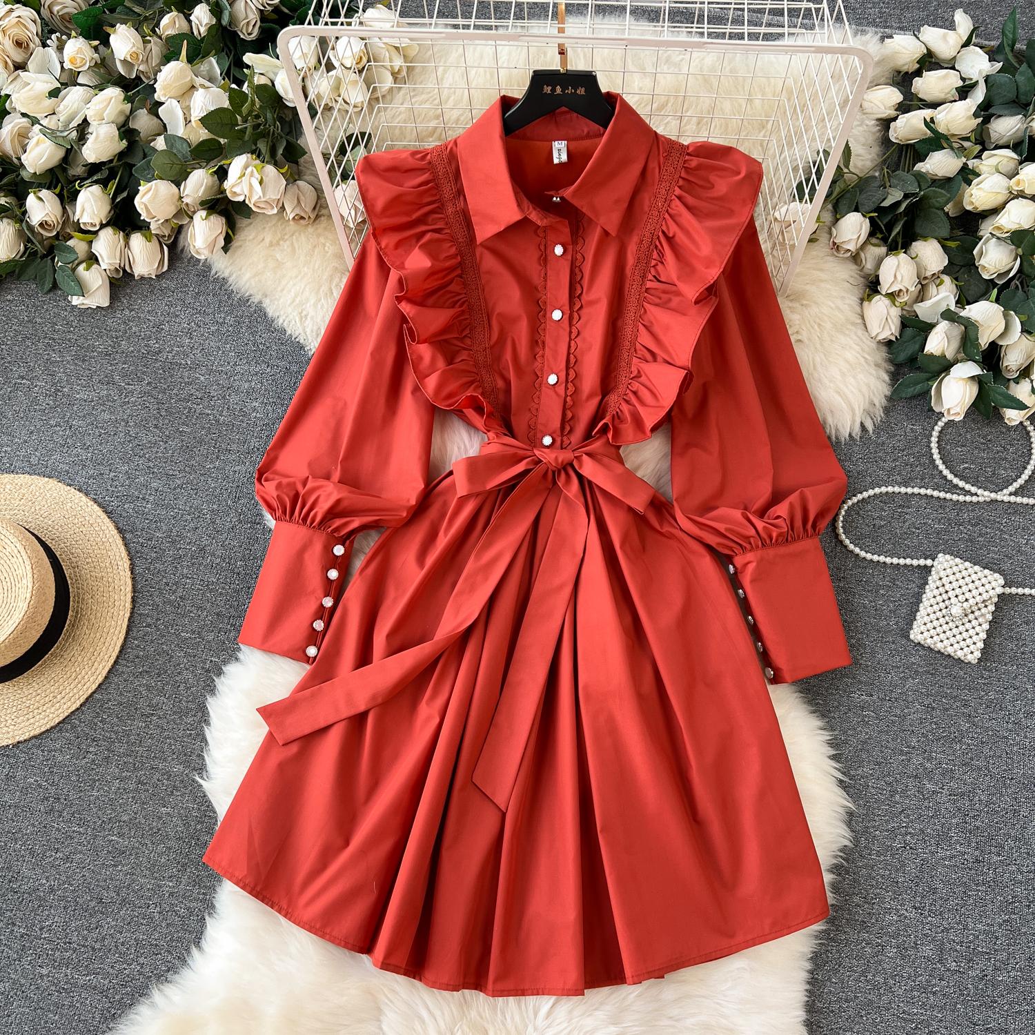 Casual Dresses Spring Runway Fashion Mini Dress Women's Turn Down Neck Lantern Sleeve Spliced Ruffles Elegant Belt Lace Up Party Vestidos 2024