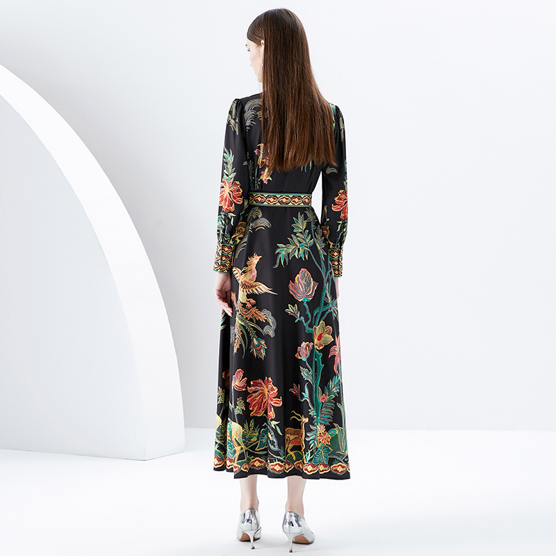 Laternenärmel Urlaub Boho Maxikleid Frau Runway Designer Print Revers Knopf Schlank Hohe Taille Schwarz Vintage Hemdkleider 2023 Frühling Herbst Elegante Partykleider