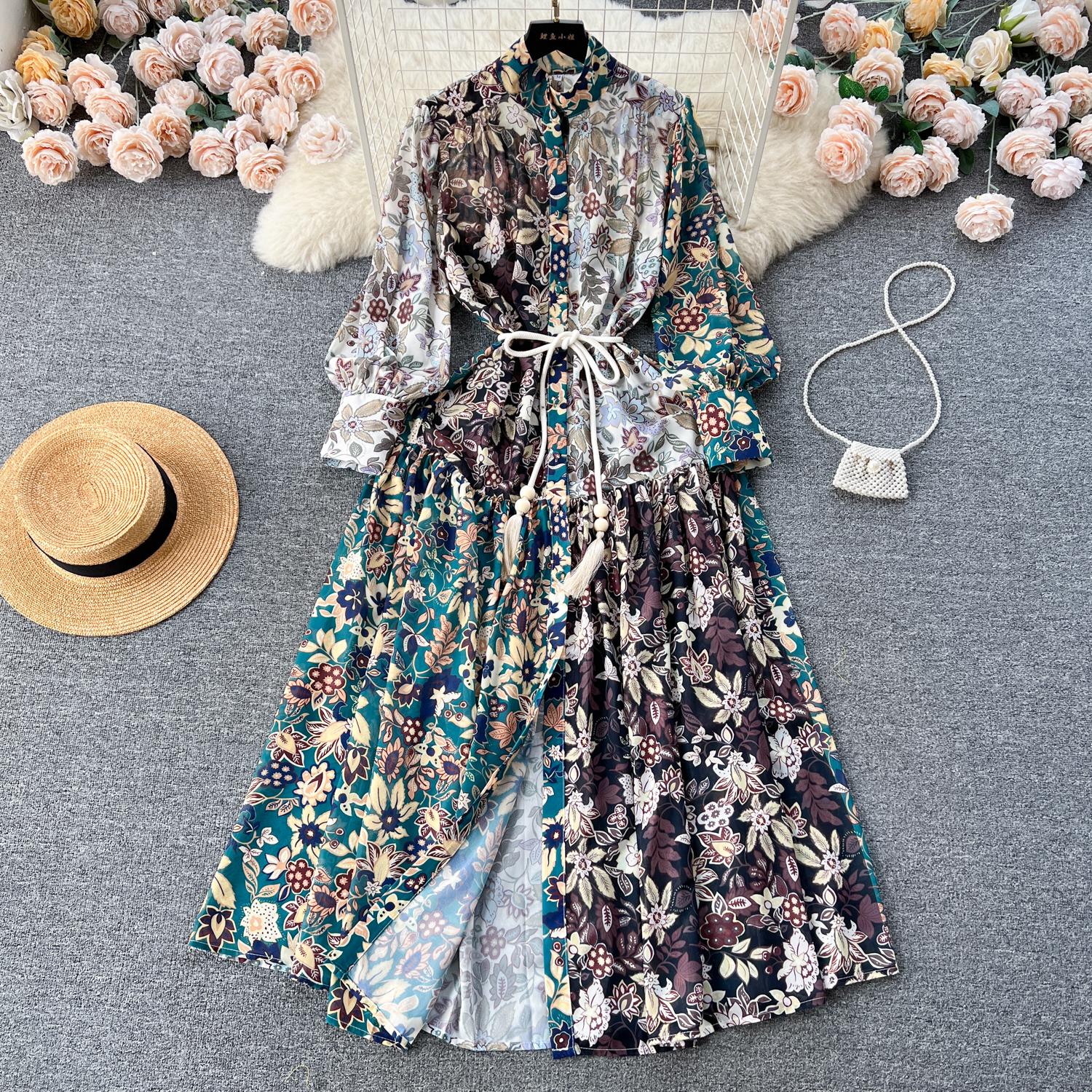 Casual Dresses 2024 Spring Holiday Flower Loose Dress Women's Stand Long Sleeve Single Breasted Lace Up Floral Print Chiffon Robe Vestidos