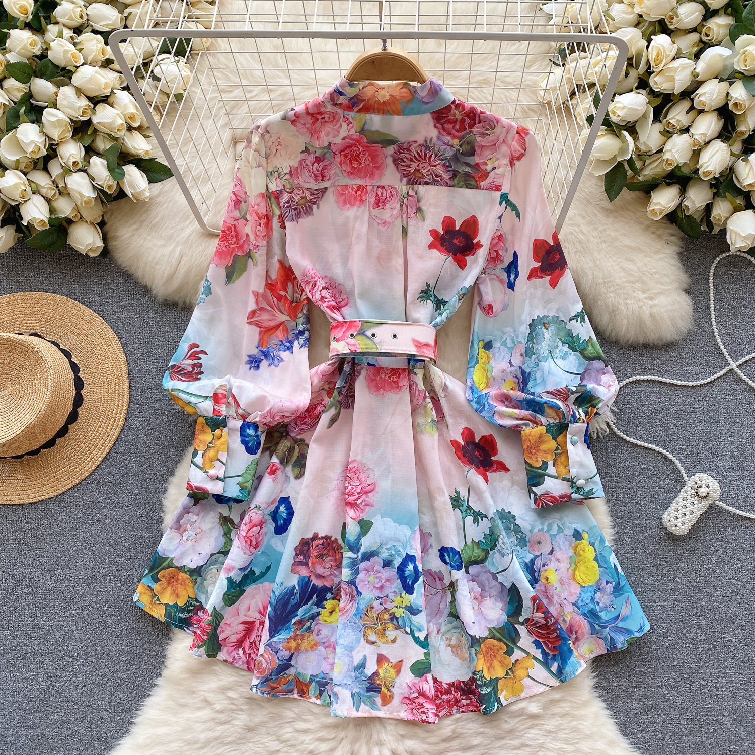 Una línea Vestidos casuales Ropa New Runway Holiday Flower Mini vestido Nuevo Cuello alto para mujer Manga larga Linterna Cinturón con estampado floral Vestidos dulces 2024