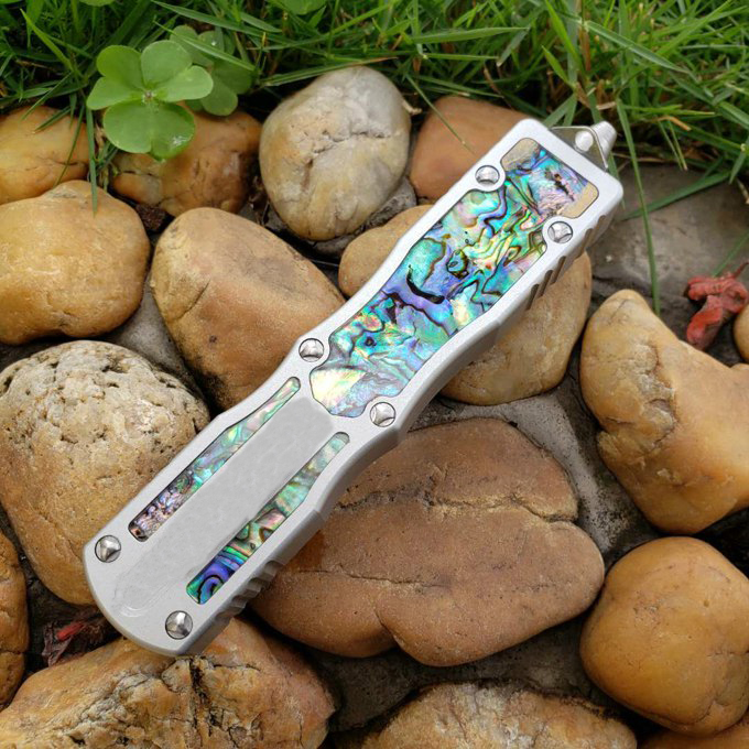 Micro tech beetle Automatic knife 2.874" Damascus Steel Blade,Abalone Handles, Camping Outdoor Tactical Combat Self-defense Tool EDC Pocket Knives