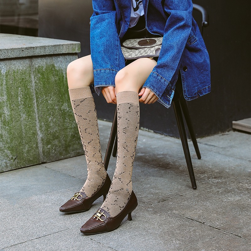 Осень-зима дизайнерские золотые шелковые носки с буквенным принтом женские толстые дышащие чулки длиной до колена женские брендовые носки женские