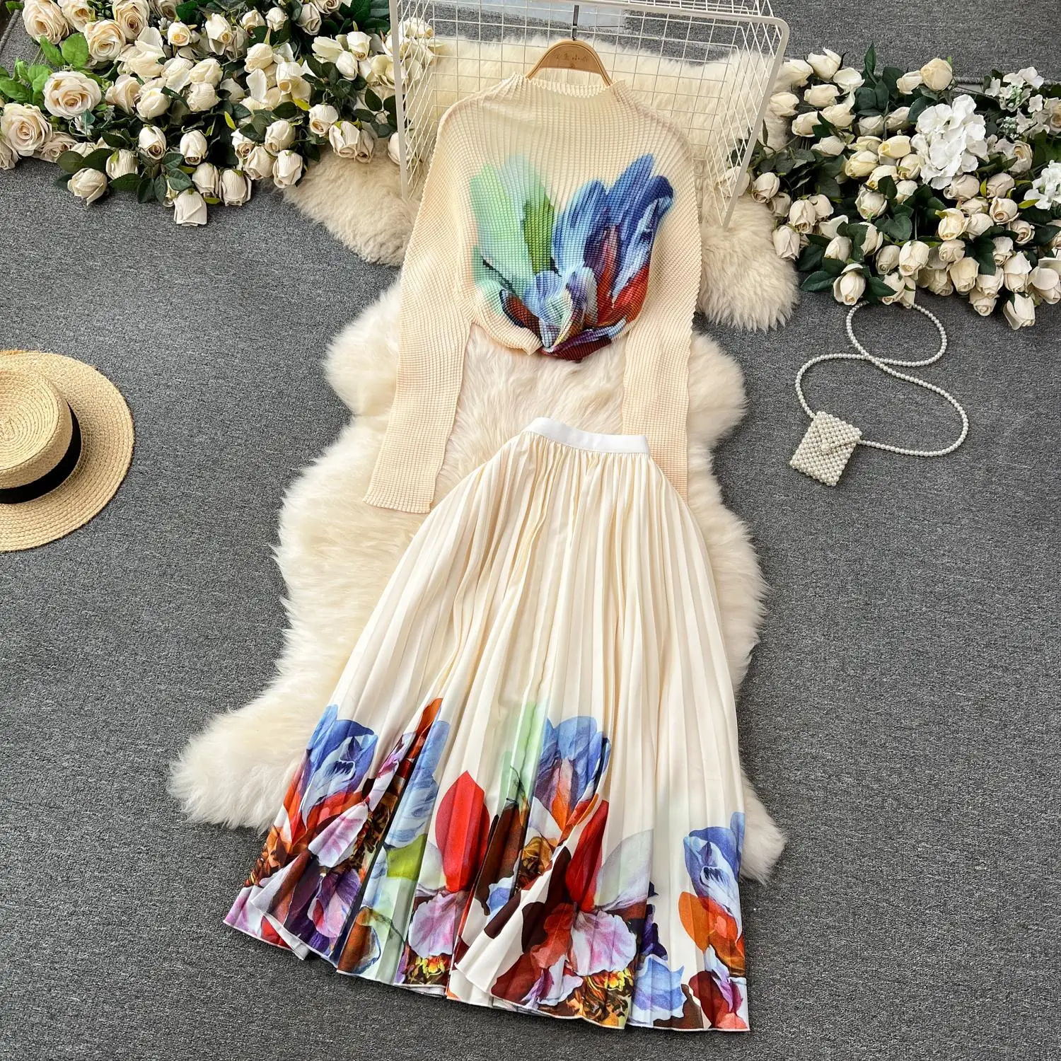 Two Piece Dress New Spring Runway Flower Skirt Suit Women Miyake Stretch Pleated Tops High Waist Floral Printed Skirt Holiday Two Piece Set 2024