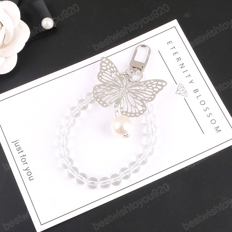New Trendy Creative Hollow Out Butterfly Pearl Pendant Bag Keychain Phone Car Fashion Sweet Girl Bag Car Decorate Halloween Gift