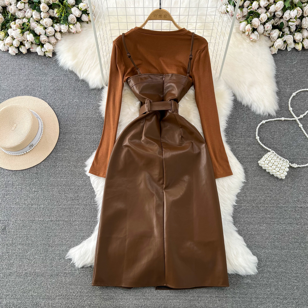 Two Piece Dress Korean Fashion Casual Two Piece Set for Women Vintage Lace-up Strapless PU Leather Dress Sets High Street Suits Female 2024