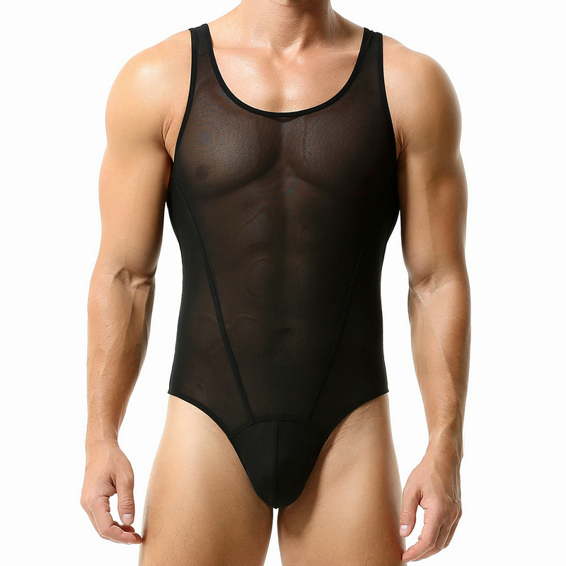 Atacado camisetas masculinas shapewear semi-transparente seção fina malha apertado corpo fitness macacão
