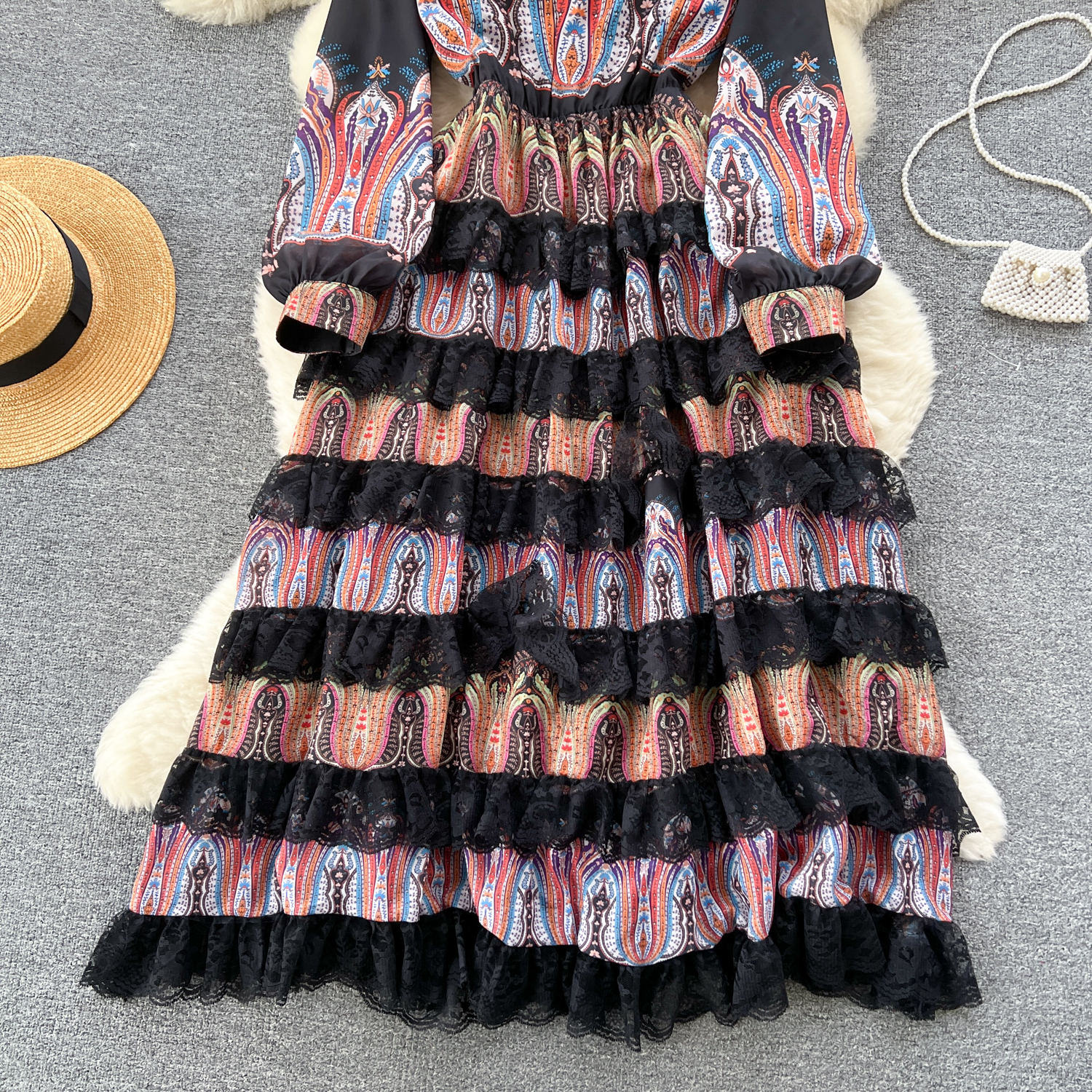 Sukienki swobodne 2024 Spring Runway jedwabny szyfonowy szyfonowy kaskadowy kaskadowy sukienkę damską Latarnią Latarnią Malarstwo olejne drukowanie długie szatę vestidos