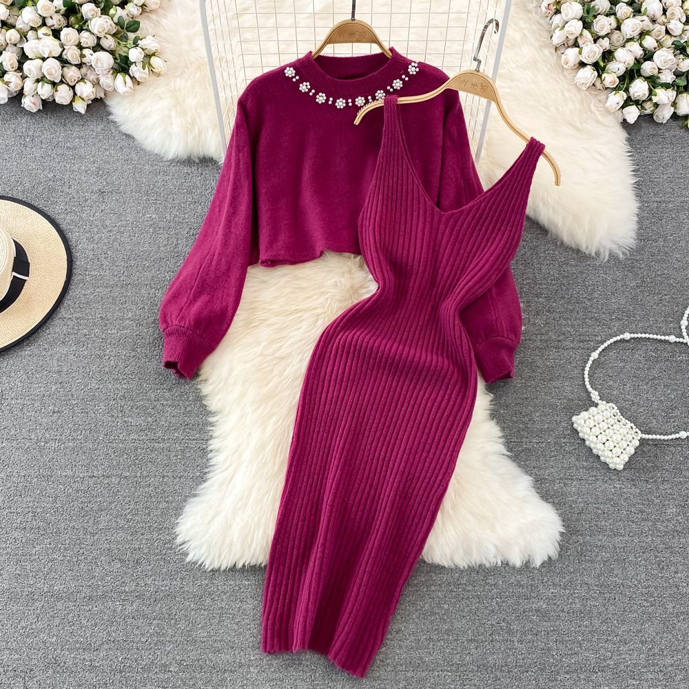 New Summer Two Piece Dress Sweater Set Casual Pullovers Suits Slip Dress For Women Slim Solid Autumn Winter Knitted Long Sleeve Elegance Elastic Sweet 2024