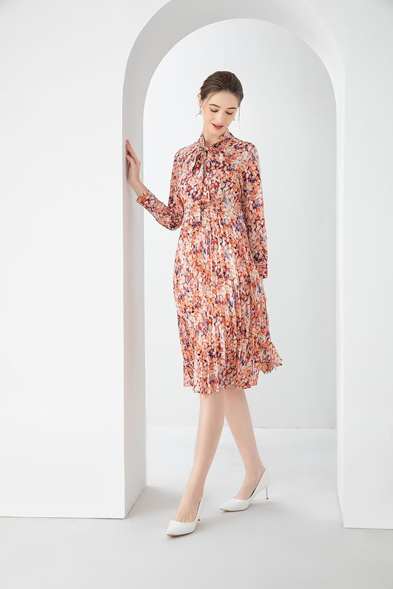 Robes de piste pour femmes, col à nœud, manches longues, imprimé Floral plissé, haute rue, mode de styliste, mi-longues