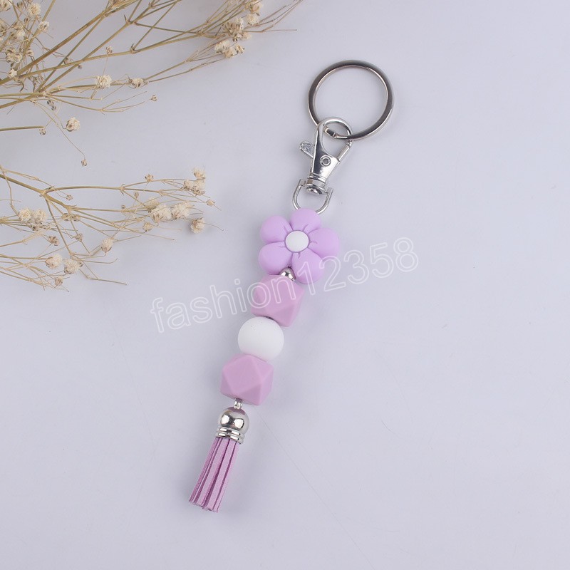 Colorful Cartoon Flower Handmade Beaded Silicone Key Chains Beaded Tassel Keyring Women Men Car Bag Pendant Key Chains