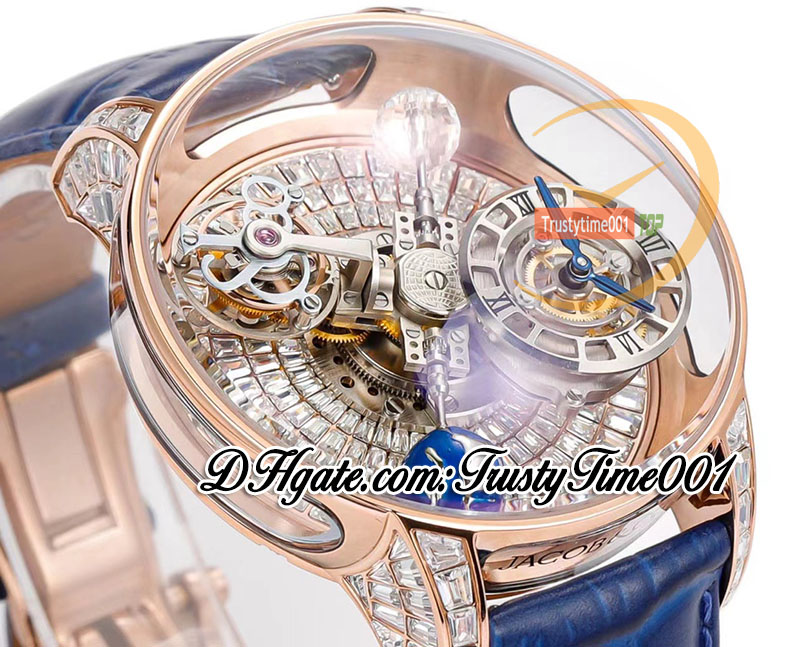 RMF AT800.40 Astronomia Tourbillon mechanische Herrenuhr, Roségoldgehäuse, gepflasterte Baguette-Diamanten, skelettiertes Zifferblatt, Lederarmband, Super Edition, trustytime001Watches