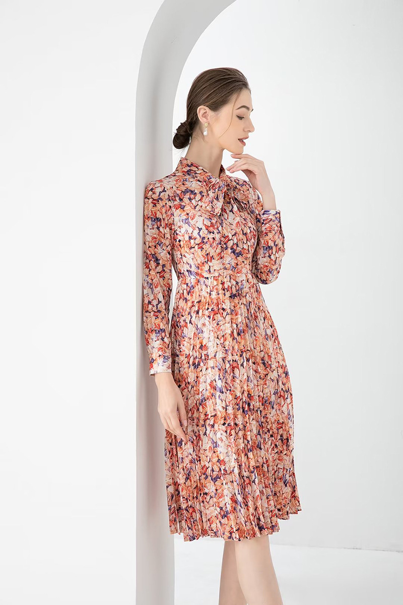 Robes de piste pour femmes, col à nœud, manches longues, imprimé Floral plissé, haute rue, mode de styliste, mi-longues