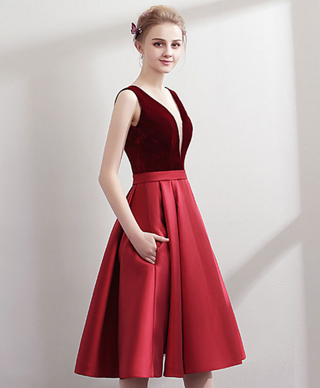 Elegante rote kurze Abiballkleider aus Samt mit V-Ausschnitt und Taschen, A-Linie, Satin, Korsettrücken, Abschlussball-Partykleid mit Schärpe für Damen