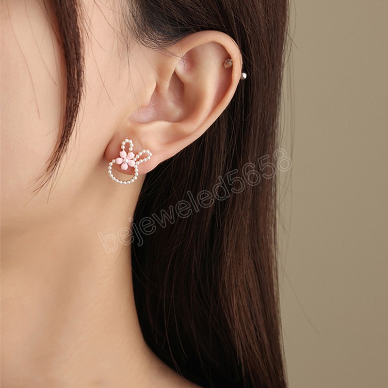 New Cartoon Rabbit Ear Studs Earrings for Women Girls Lovely Elegant Bow Flowers Earring Ladies Wedding Party Birthday Jewelry