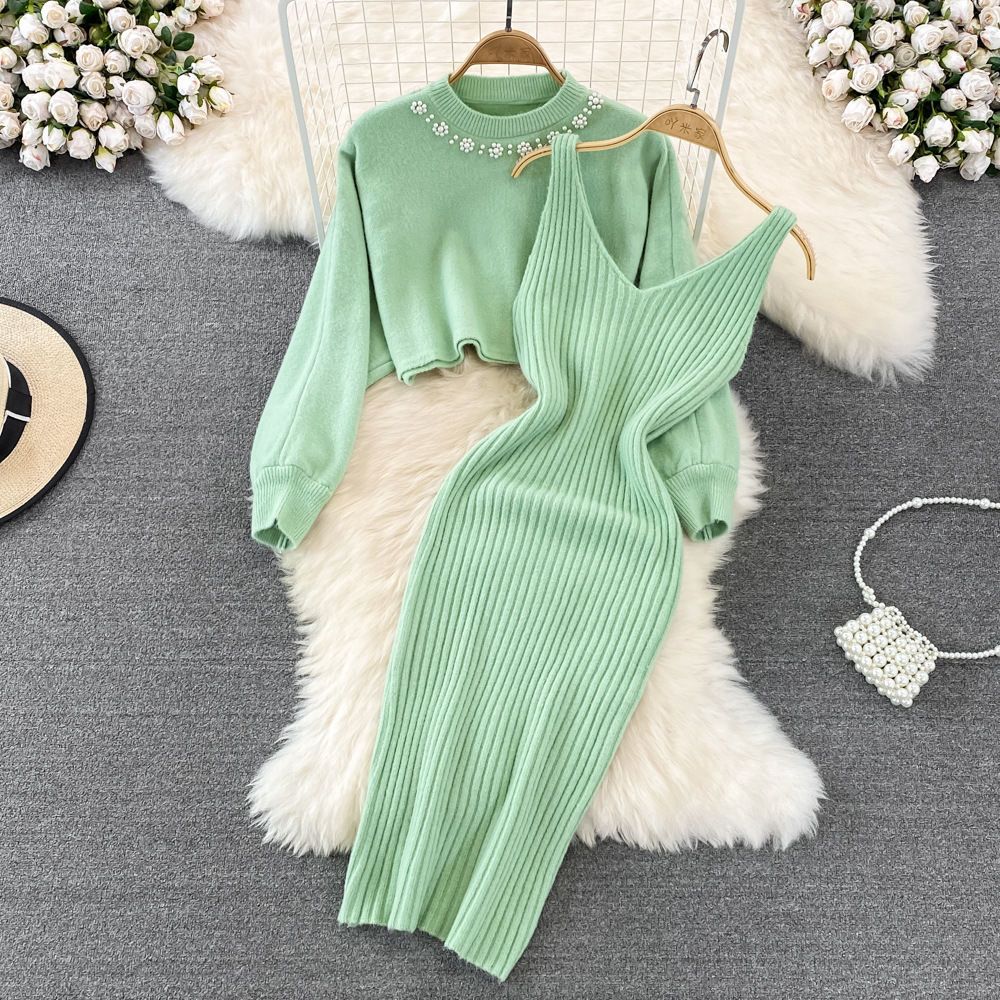 New Summer Two Piece Dress Sweater Set Casual Pullovers Suits Slip Dress For Women Slim Solid Autumn Winter Knitted Long Sleeve Elegance Elastic Sweet 2024