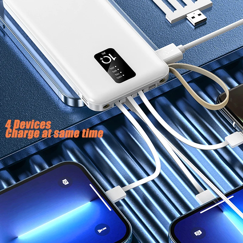 20000 mAh Power Bank Wbudowany kabel przenośna ładowarka zewnętrzna pakiet akumulatorów PowerBank 10000 mAh dla iPhone'a Xiaomi Samsung Huawei