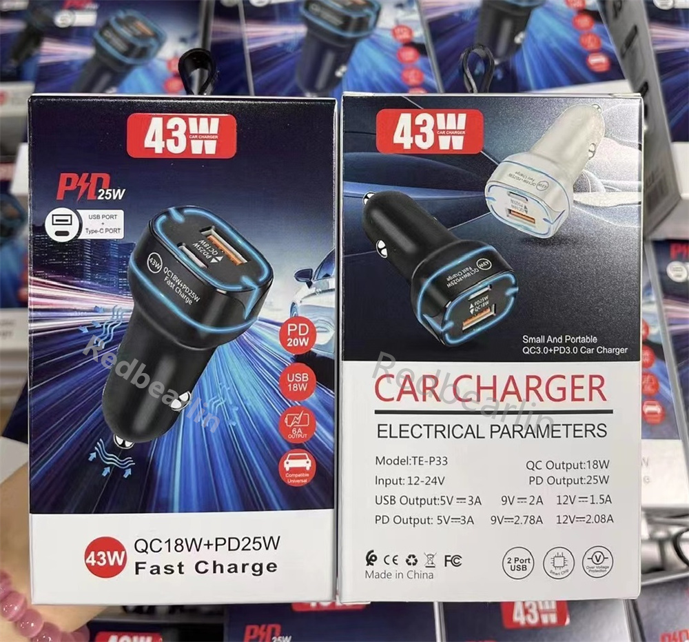 Fast Quick Charging 43W PD25W Dual Ports USb C PD Car Charger Auto Power Adapters LED Light For Iphone 11 12 13 14 15 Samsung S20 S23 S24 htc lg Android phone gps pc