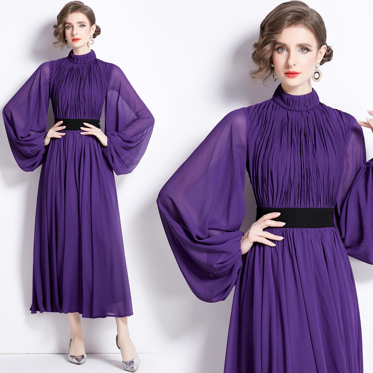 Casual Dresses 2024 Spring Runway Lantern Sleeve Chiffon Maxi Dress Women Elegant Stand Purple Pleated Party Evening Vestidos Holiday Robes