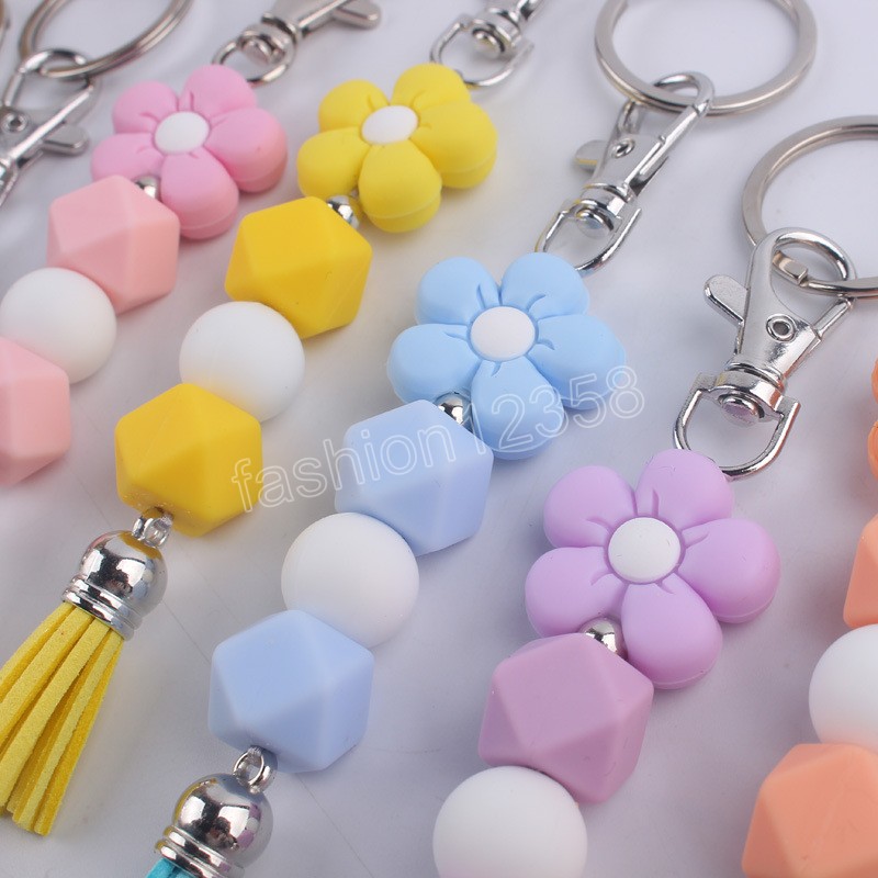 Colorful Cartoon Flower Handmade Beaded Silicone Key Chains Beaded Tassel Keyring Women Men Car Bag Pendant Key Chains