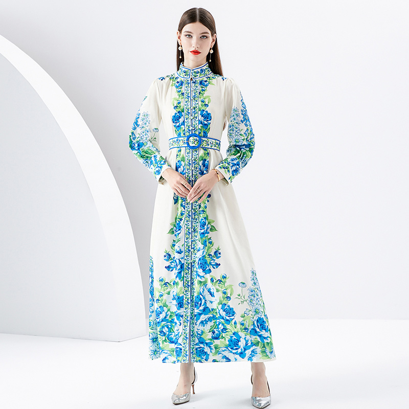 Vintage Floral Mock Neck Shirt Dress Robe Woman Designer Lantern Sleeve Slim Elegant Casual Vacation Boho Maxi Dresses 2023 Spring Fall Party Runway Fashion Frocks