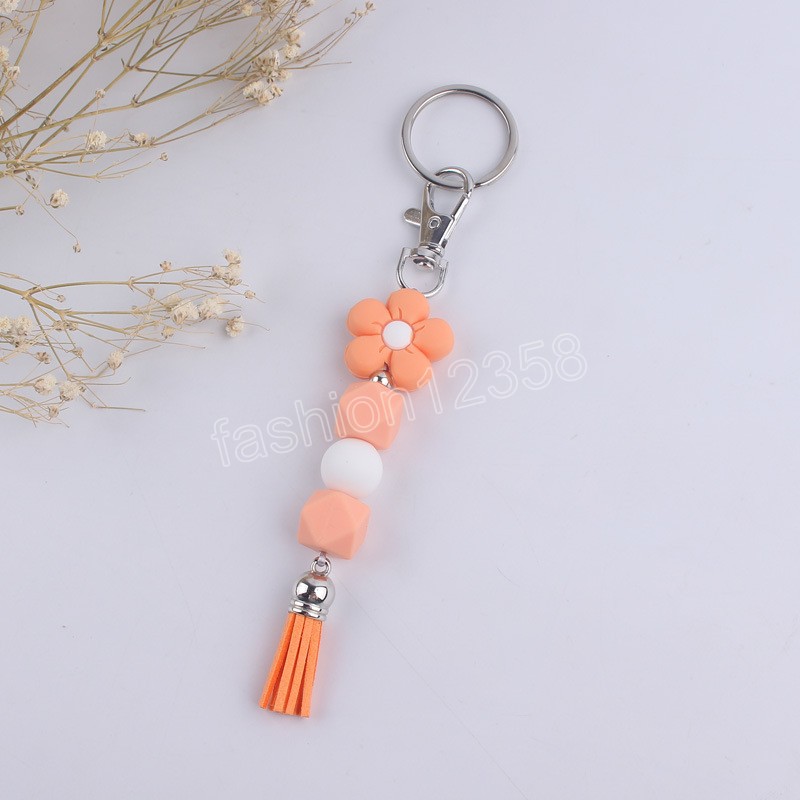 Colorful Cartoon Flower Handmade Beaded Silicone Key Chains Beaded Tassel Keyring Women Men Car Bag Pendant Key Chains