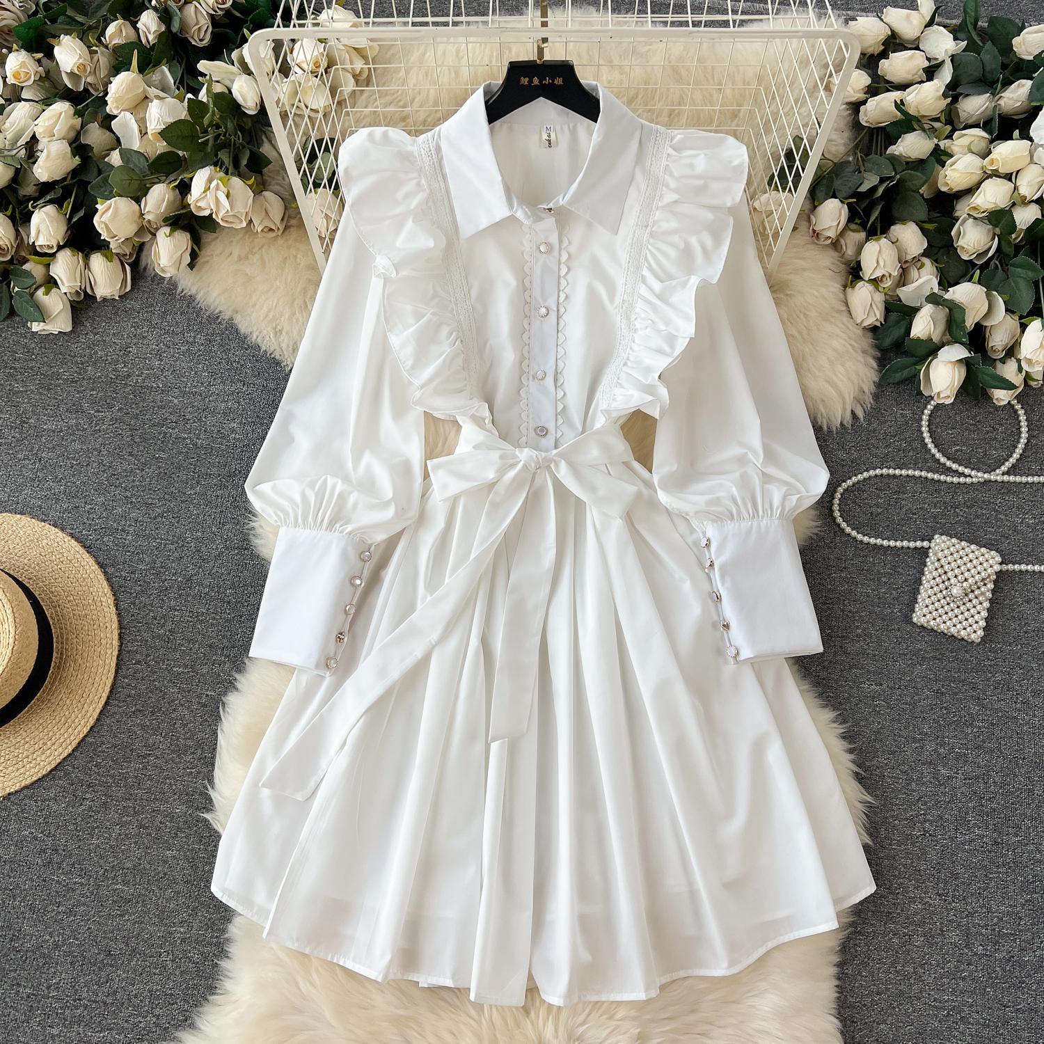 Casual Dresses Spring Runway Fashion Mini Dress Women's Turn Down Neck Lantern Sleeve Spliced Ruffles Elegant Belt Lace Up Party Vestidos 2024