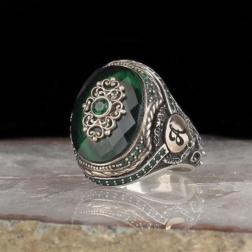 Bröllopsringar vintage stor ring för män Ancient Silver Color Inlaid Blue Green Agate Stone Punk Motor Biker Storlek 11 12 13235J