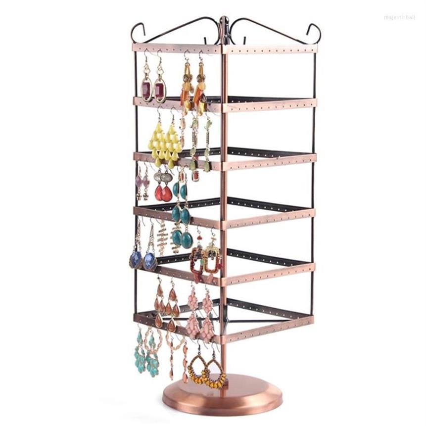 Smyckespåsar 288 Hål Brown Metal Display Shelf Square Revolving Earring Necklace Showcase Rack Stand Holder313e