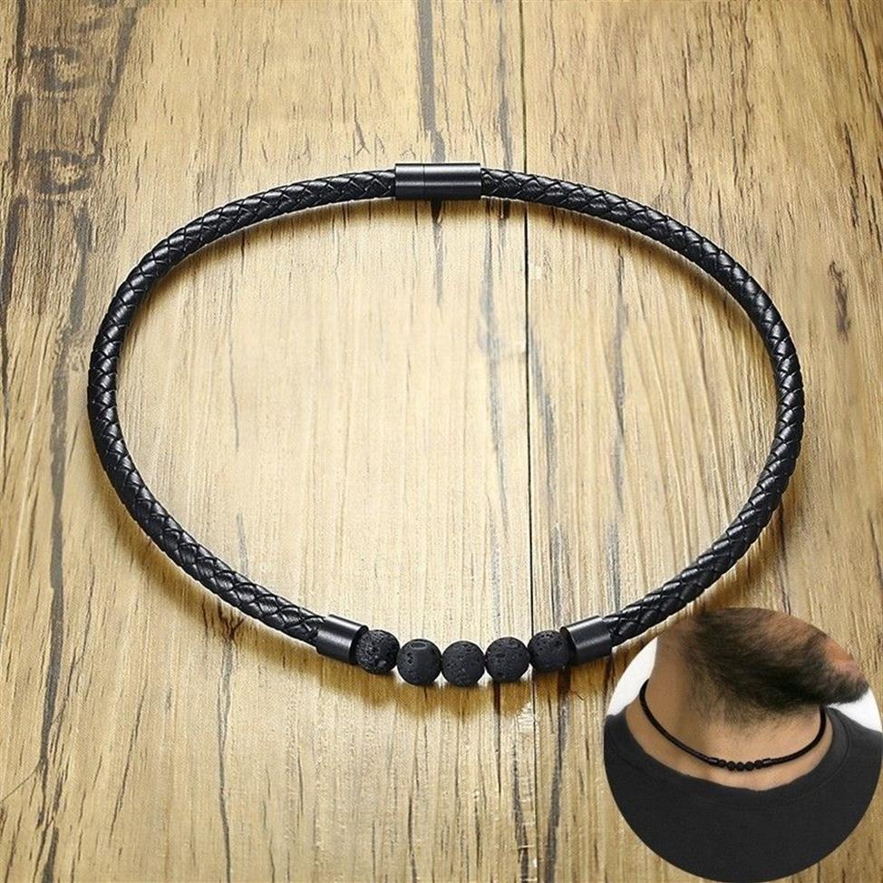 Men's Lava Stone Rock Braid Leather Choker Necklace Men Boho Hippie Male Jewelry Surf Necklaces in Black Color 220212290n