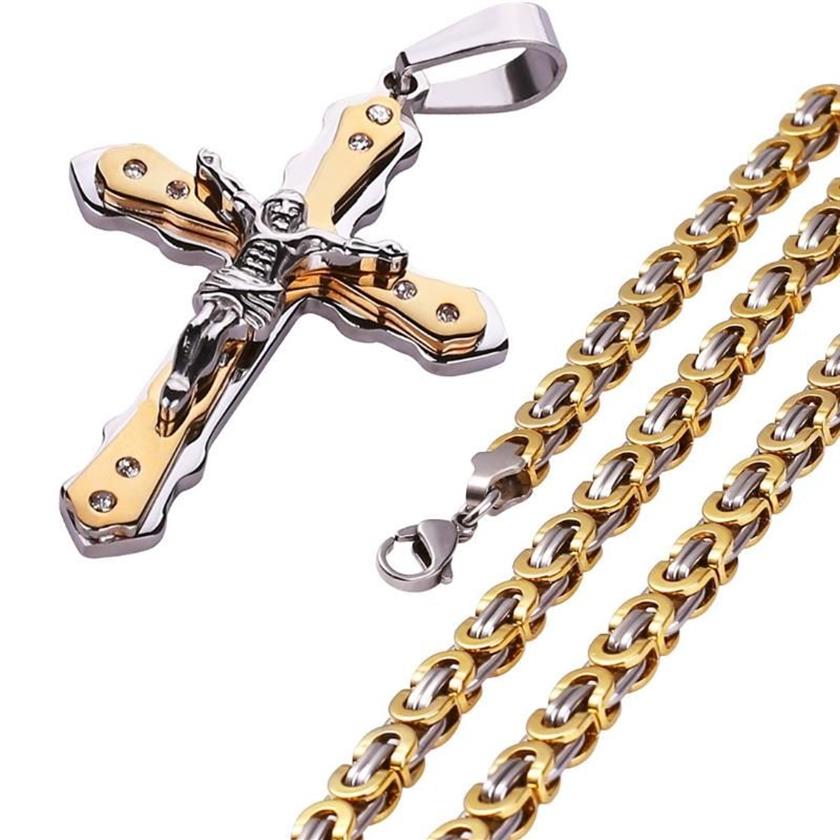 Chains Jewelry Men's Byzantine Gold And Silver Stainless Steel Christ Jesus Cross Pendant Necklace Chain Fashion Cool238w