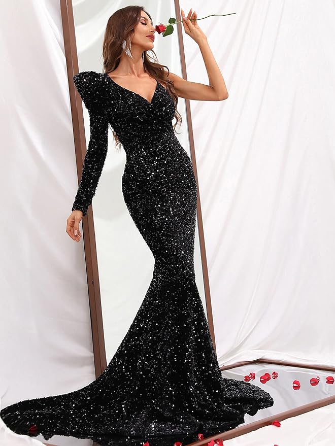 Shiny Black Sequined Prom Dresses Plus Size One Shoulder Long Sleeve Special Occasion Formal Gown Long Fishtail Arabic Aso Ebi Second Reception Evening Dress CL2997