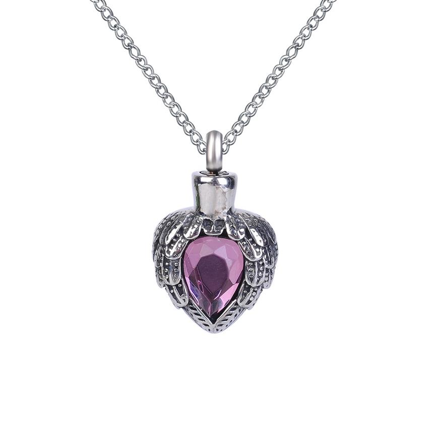 Collier d'urne violet avec pierre de naissance, pendentif en forme d'aile et de cœur, souvenir de cendres commémoratives, bijoux de crémation en acier inoxydable avec sac cadeau et chaîne 319p