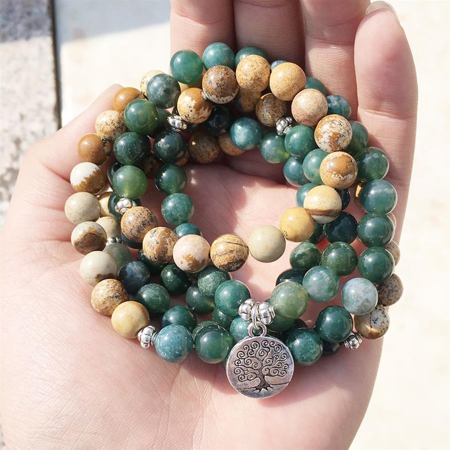 Sn1005 Moss Agat Picture Jasper 108 Mala Beads Joga Naszyjnik Drzewo życia Mala Wrap Bransoletka